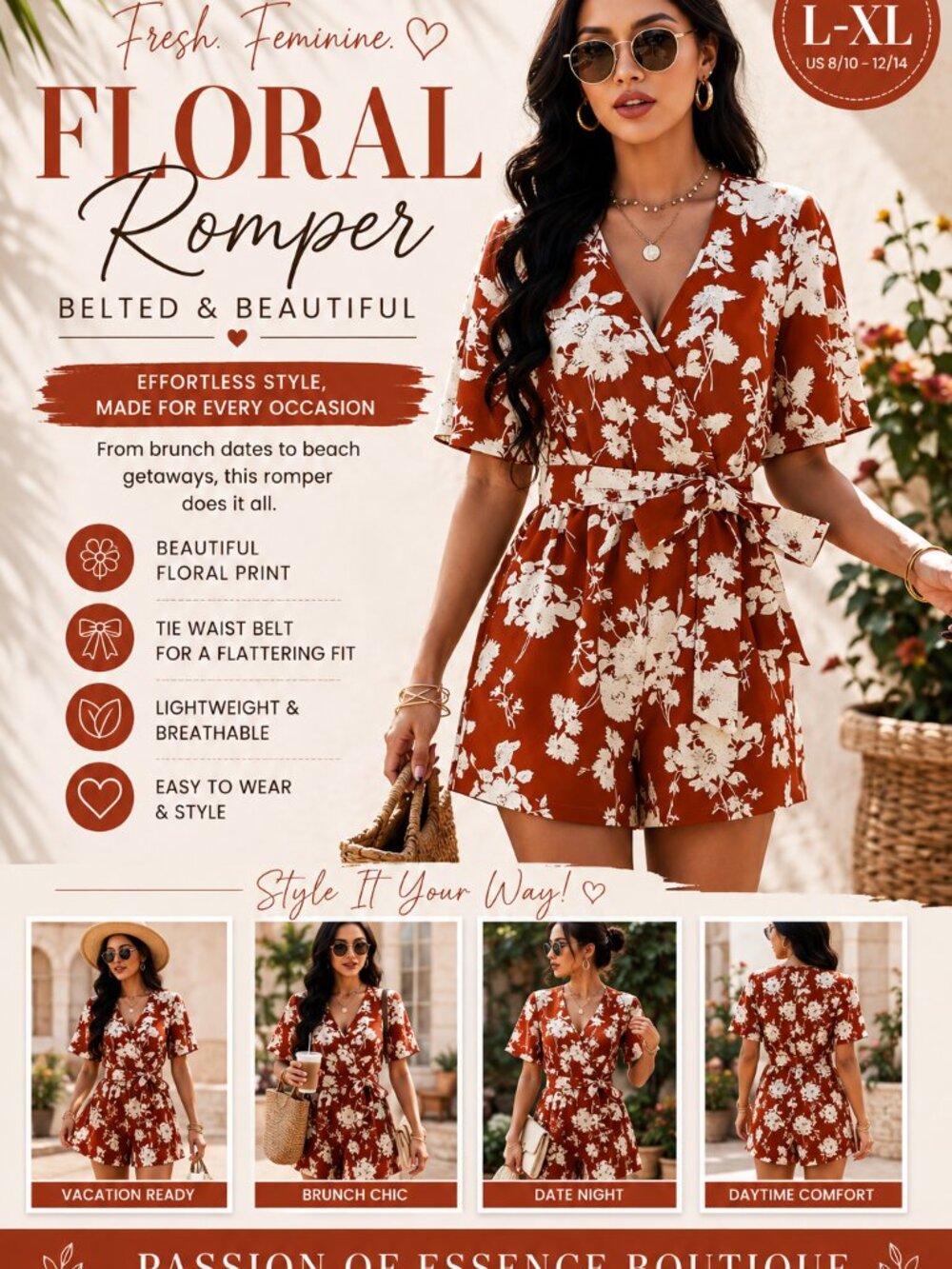 Terracotta Rust & Ivory Floral Romper